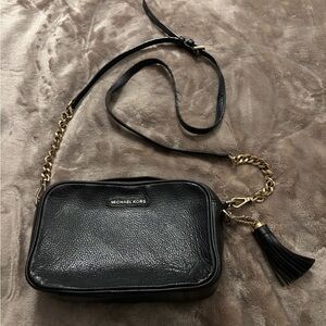 Michael Kors Black Leather Crossbody with Gold Chain and Tassel
